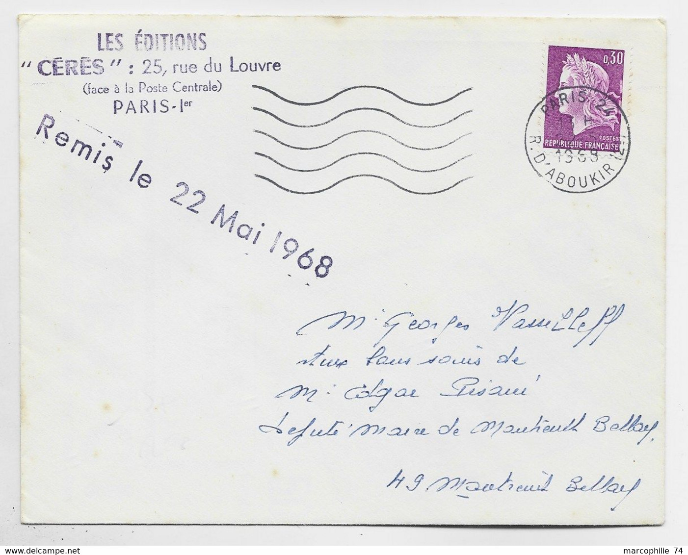 FRANCE CHEFFER 30C LILAS LETTRE PARIS 24 22.5.1968 + GRIFFE REMIS LE 22 MAI 1968 GREVE DE 1968 - Timbres