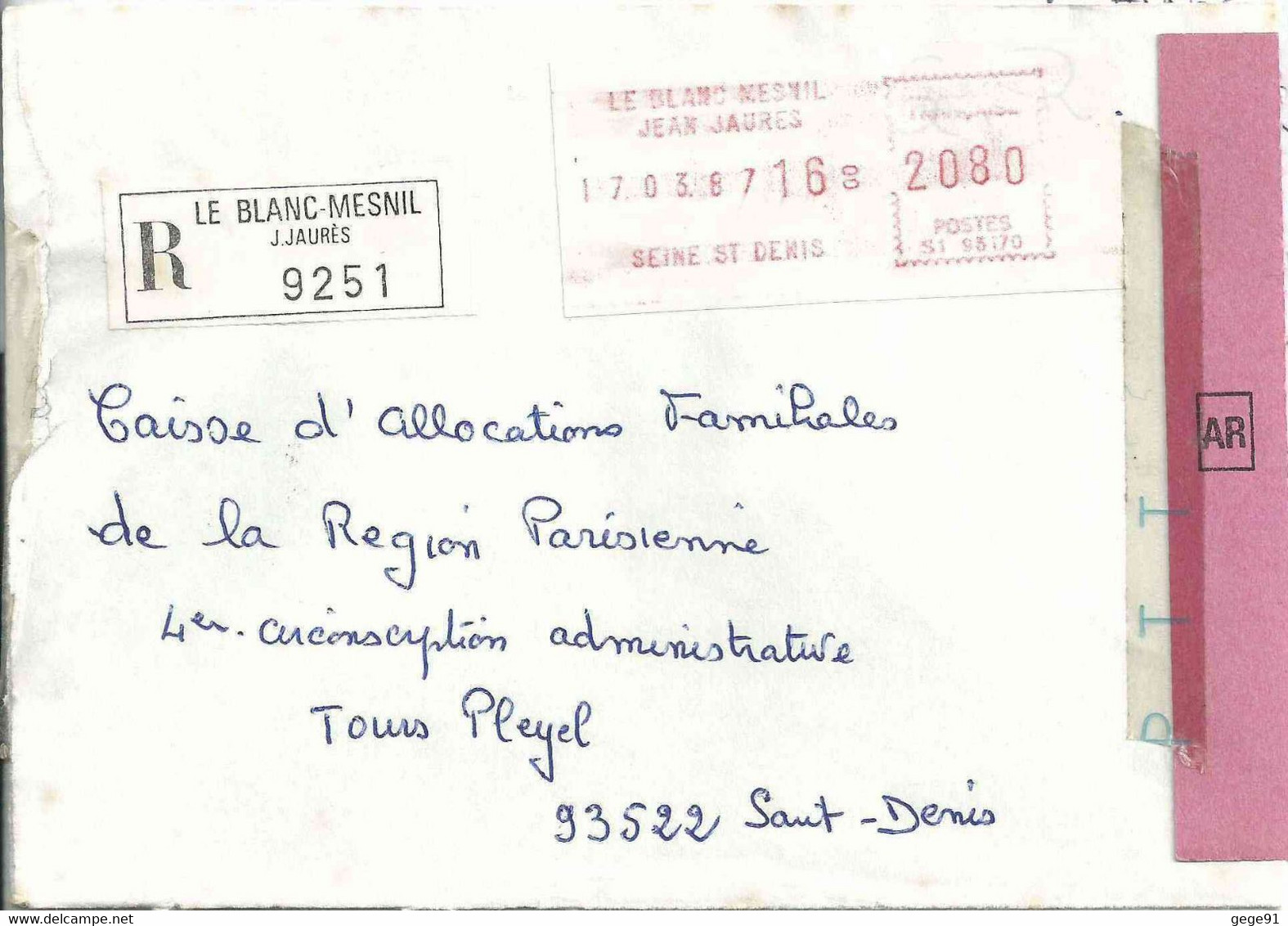 Vignette D'Affranchissement De Guichet - SATAS Frama - Lettre Recommandée Du Blanc Mesnil - Jean Jaures - 1969 Montgeron – Papier Blanc – Frama/Satas