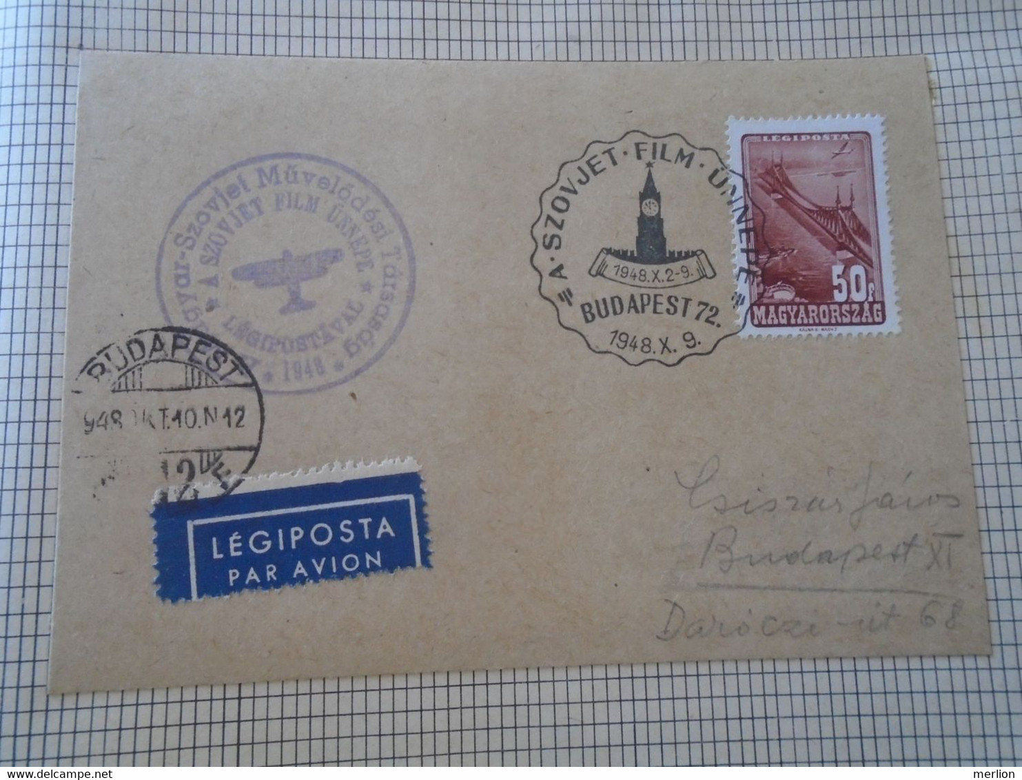 ZA414.84 Hungary Special Postmark - Par Avion  1948 X. 9 A Szovjet Film ünnepe -Soviet Cinema - Movie Kino  Budapest 72 - Postmark Collection