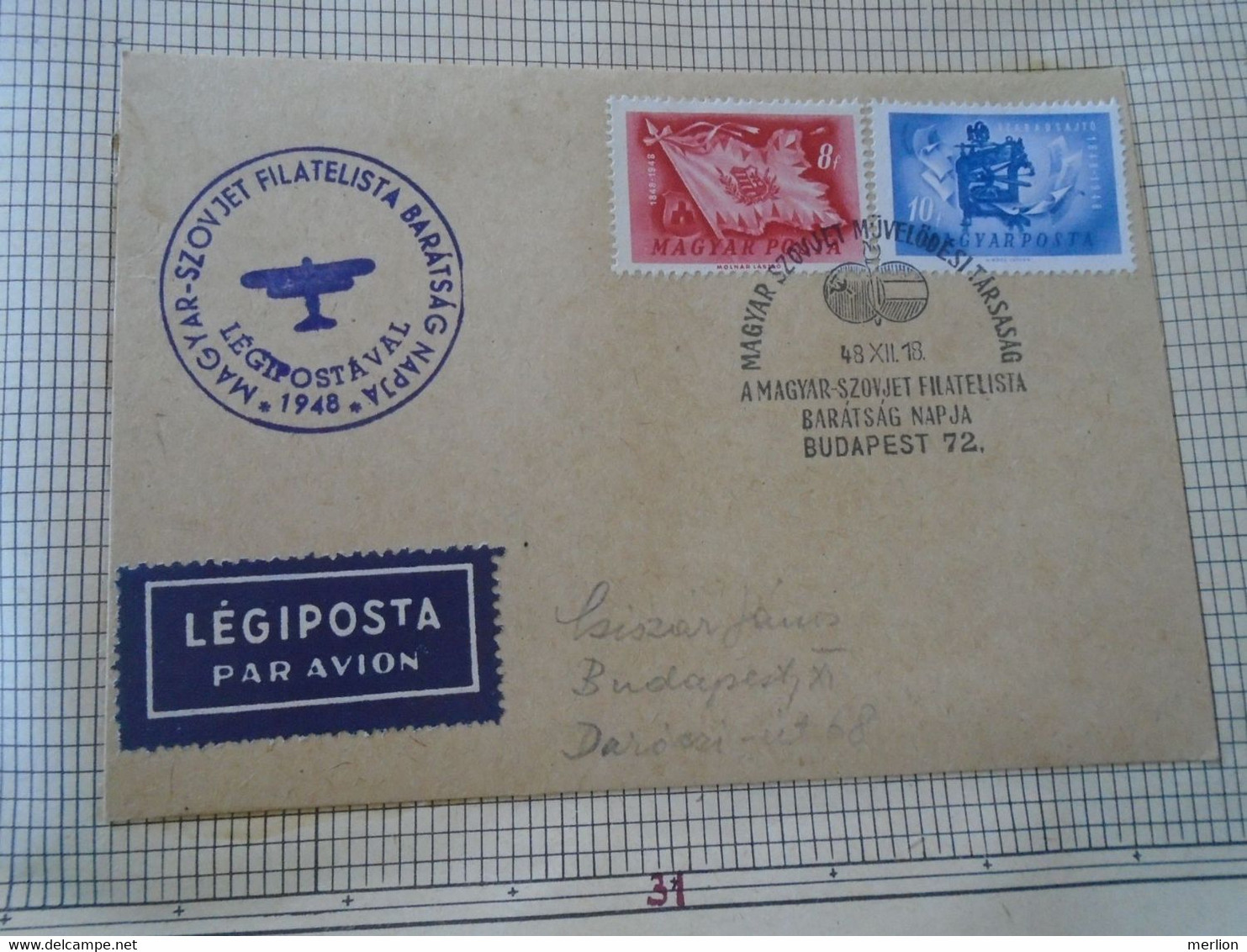 ZA414.93 Hungary Special Postmark -PAR AVION   Hungarian Soviet Philatelic Friendship 1948 XII. 18. Budapest - Postmark Collection