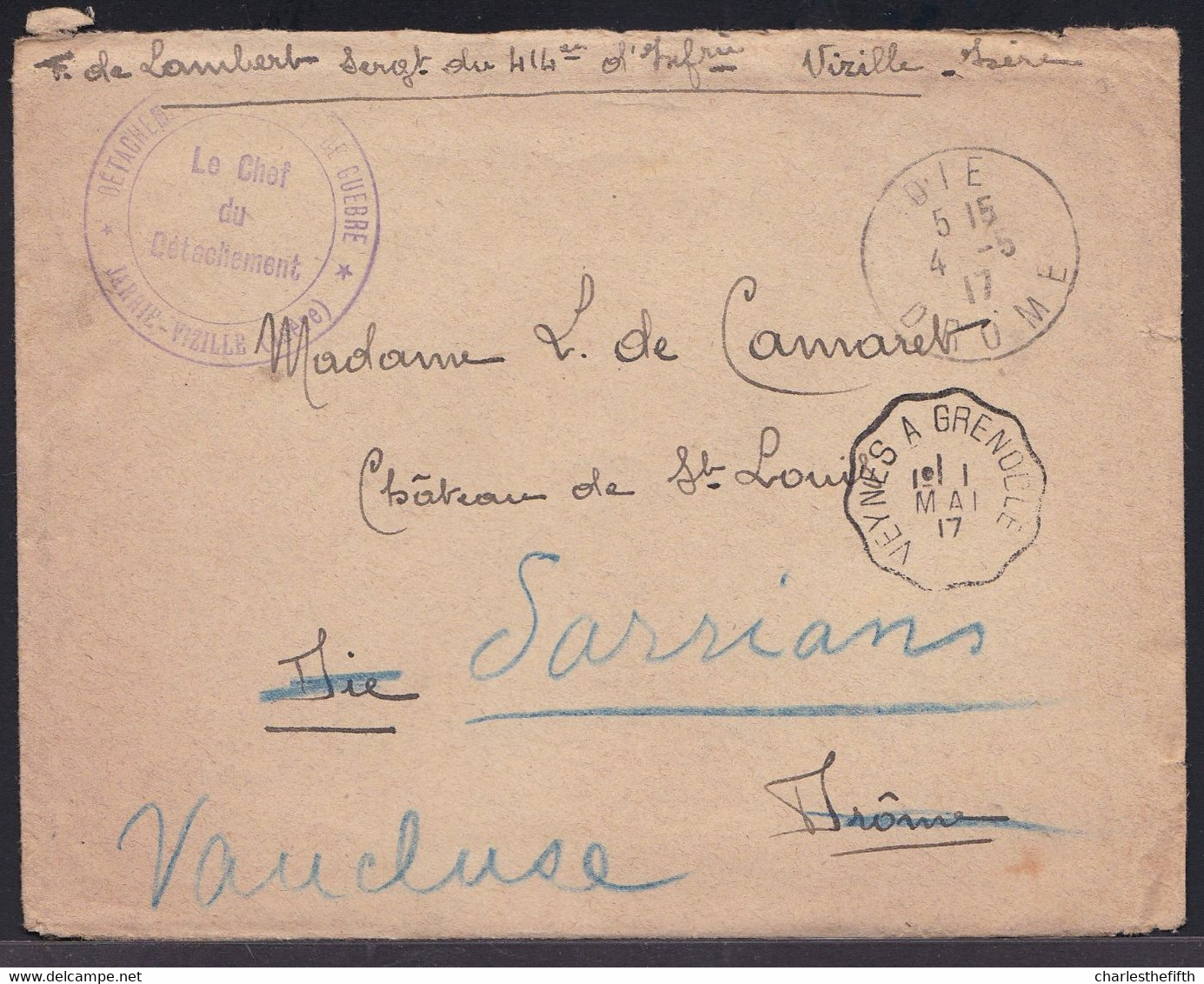 JARRIE - VIZILLE (  PRISONNIERS DE GUERRE ISERE ) MAI 1917 LETTRE ERRANTE DE SERGENT DU 414 INFANTERIE - VOIR EXPL. RARE - Guerra Del 1914-18