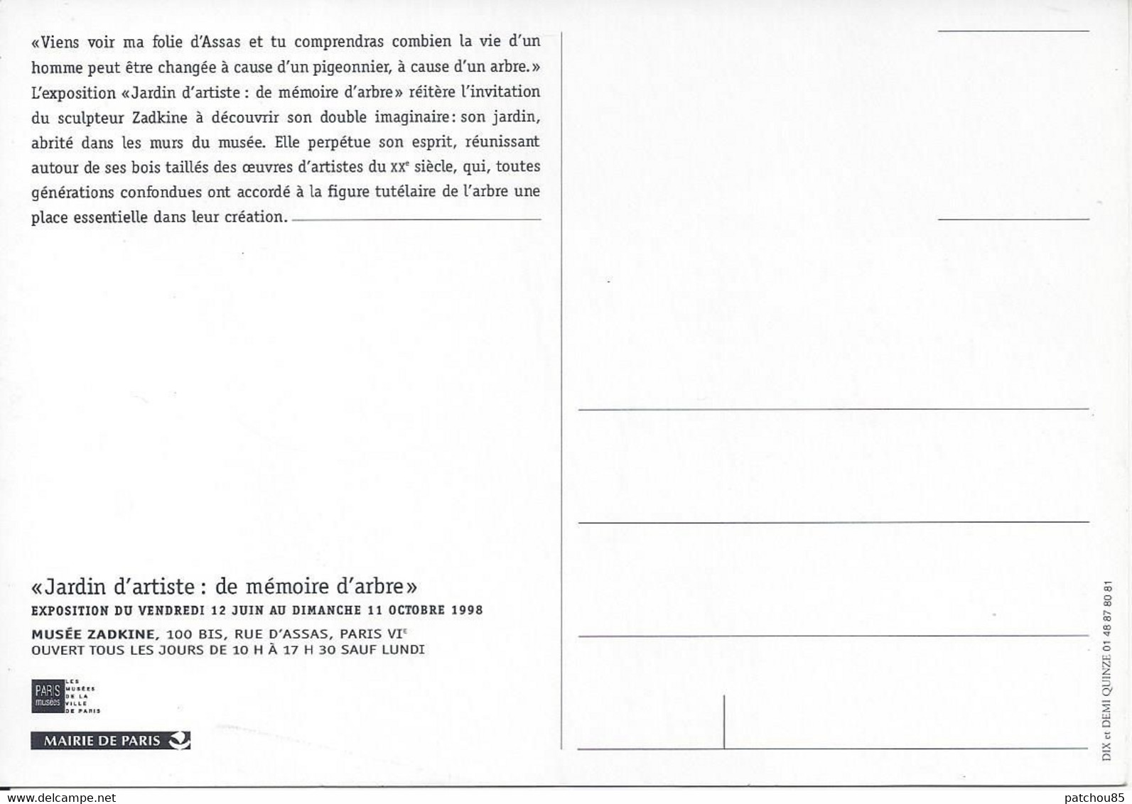 CPM Jardin D’Artiste De Mémoire D’Arbre Exposition 12 Juin Au 11 Octobre 1998 Musée   Zadkine Sculpteur Mairie De Paris - Sculptures