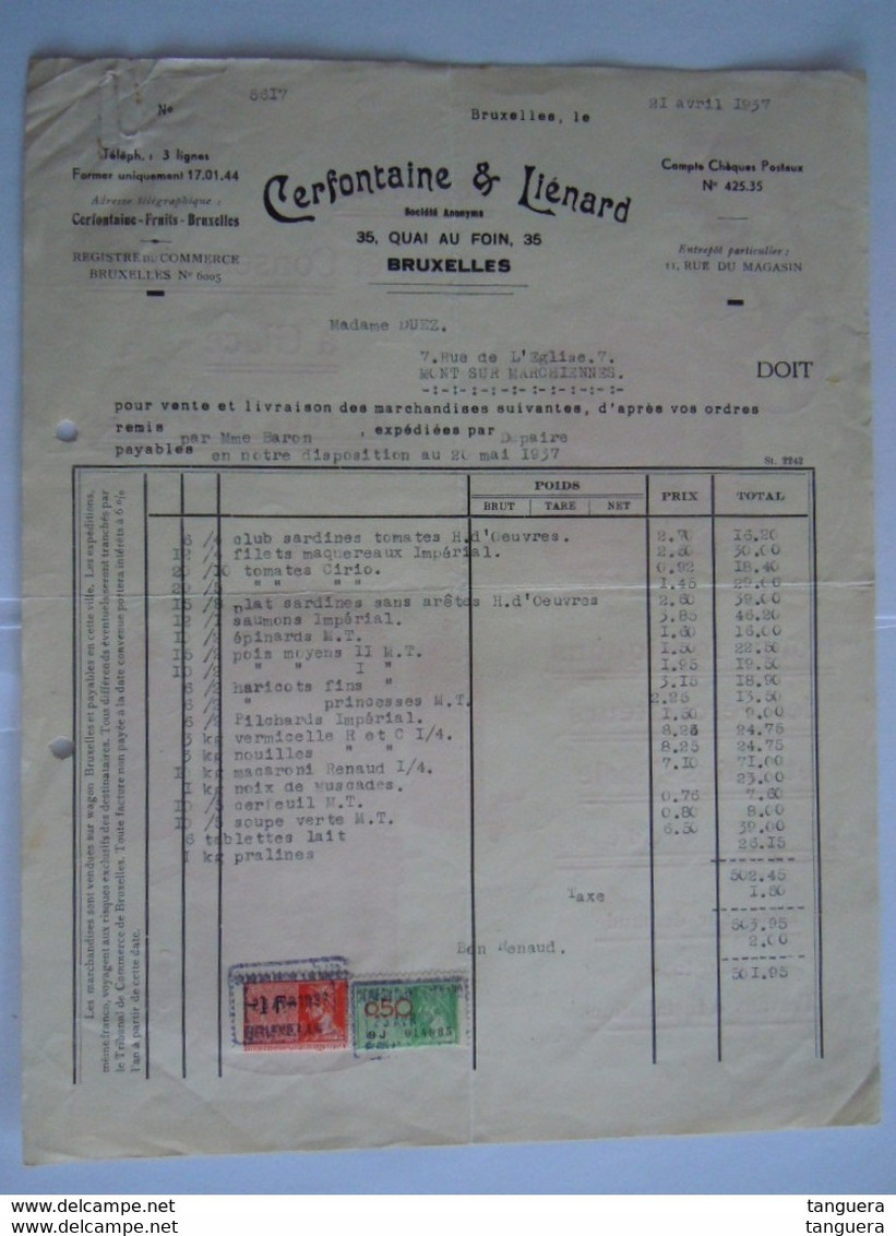 1937 Cerfontaine & Lienard Bruxelles épicerie Machines à Glace Pecrolateurs Et Bains-m Facture Pour Mont S/Marchiennes - Alimentaire