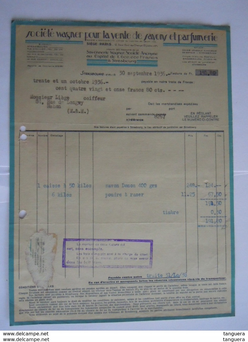 1936 Savonnerie Wagner Strasbourg Vente De Savon Et Parfumerie Facture Pour Coiffeur à Rehon (Meuse Et Moselle) - Droguerie & Parfumerie