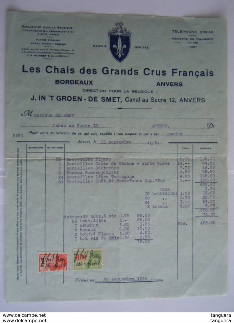 1934 Les Chais Des Grands Crus Français Bordeaux Anvers Vin & Champagne Taxe 1,30 Fr - Lebensmittel