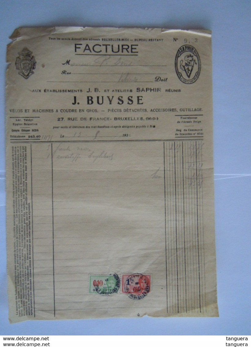 1932 J. Buysse Bruxelles Vélos Et Machines à Coudre En Gros Facture Pour Vilvorde Vilvoorde Taxe 1,10 Fr - Transports