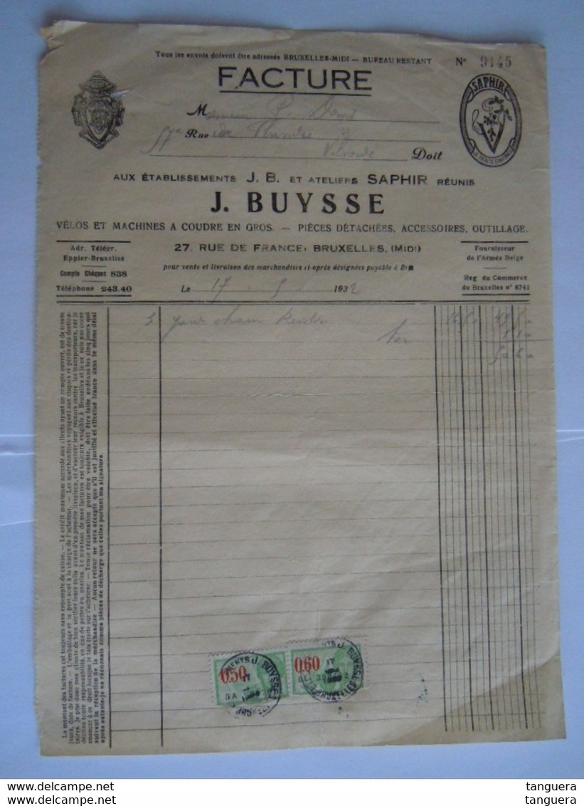 1932 J. Buysse Bruxelles Vélos Et Machines à Coudre En Gros Facture Pour Vilvorde Taxe 1,10 Fr - Transporte