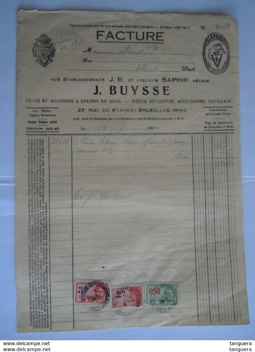 1932 J. Buysse Bruxelles Vélos Et Machines à Coudre En Gros Facture Pour Vilvorde Taxe 5,50 Fr - Transports