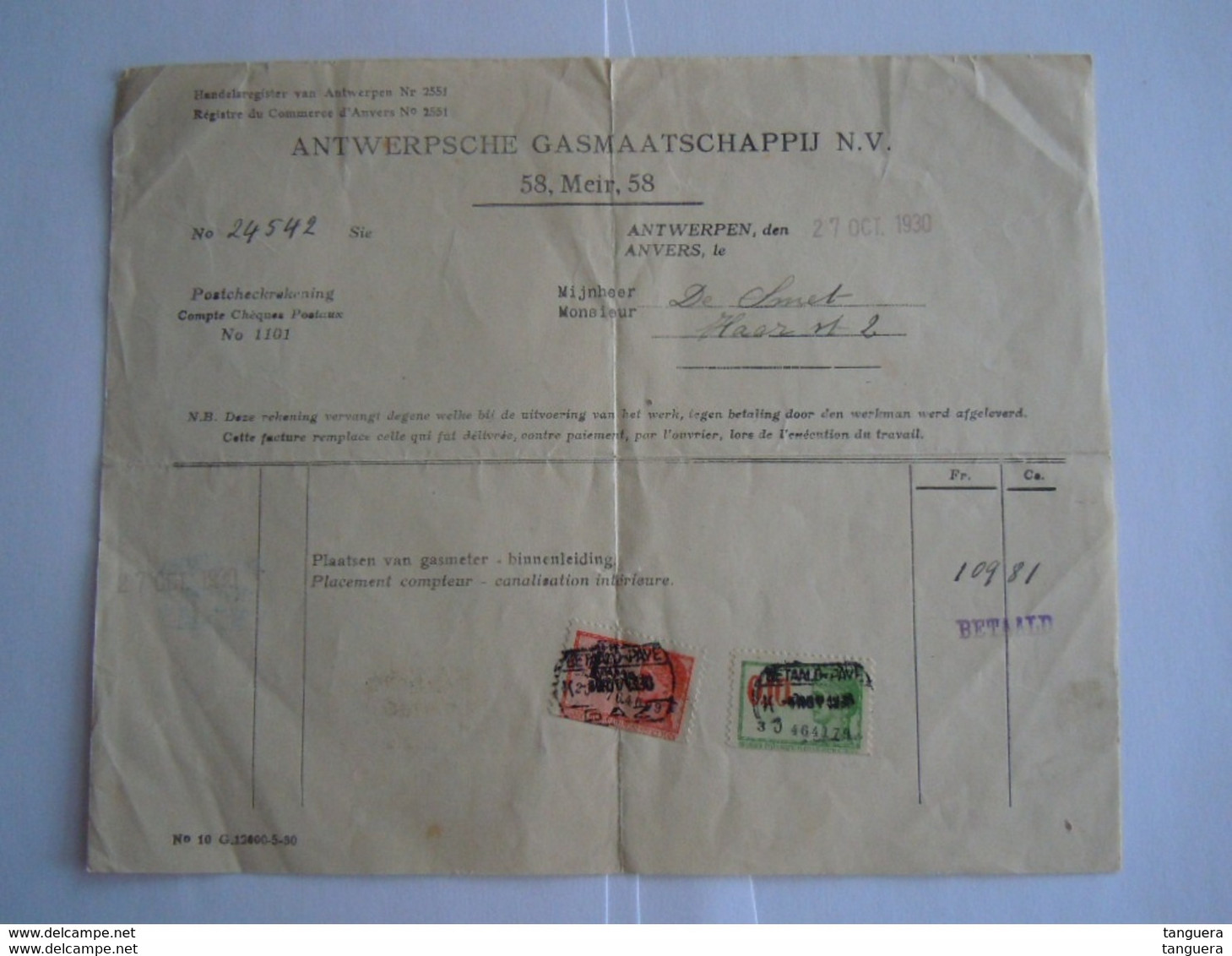 1930 Antwerpse Gasmaatschappij Factuur Plaatsen Meter Gas Fiskale Zegels - Elettricità & Gas