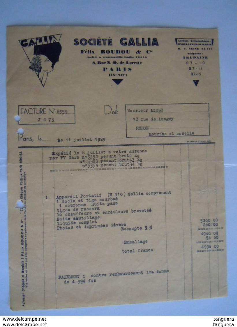 1929 Félix Boudou & Cie Société Gallia Paris Appareil Pour Coiffeurs Facture Rehon, Meurthe & Moselle - Droguerie & Parfumerie