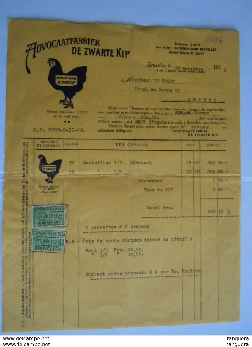 1929 Advocaatfabriek De Zwarte Kip Bruxelles Facture Pour Bouteilles Advocaat Anvers - Food