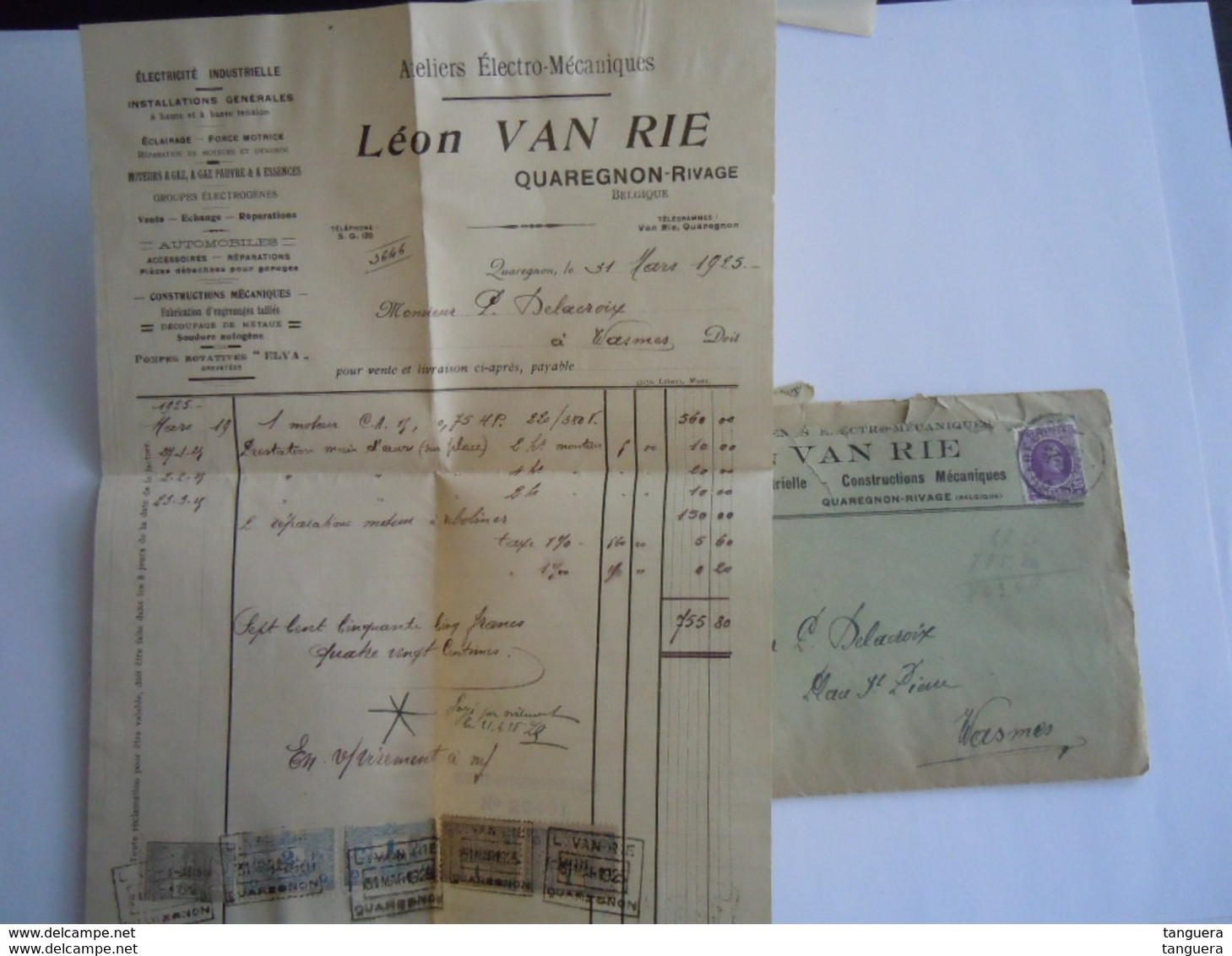 1925 Léon Van Rie Quaregnon-Rivage Ateliers électro-mécaniques Facture Pour Wasmes + Enveloppe - Electricidad & Gas