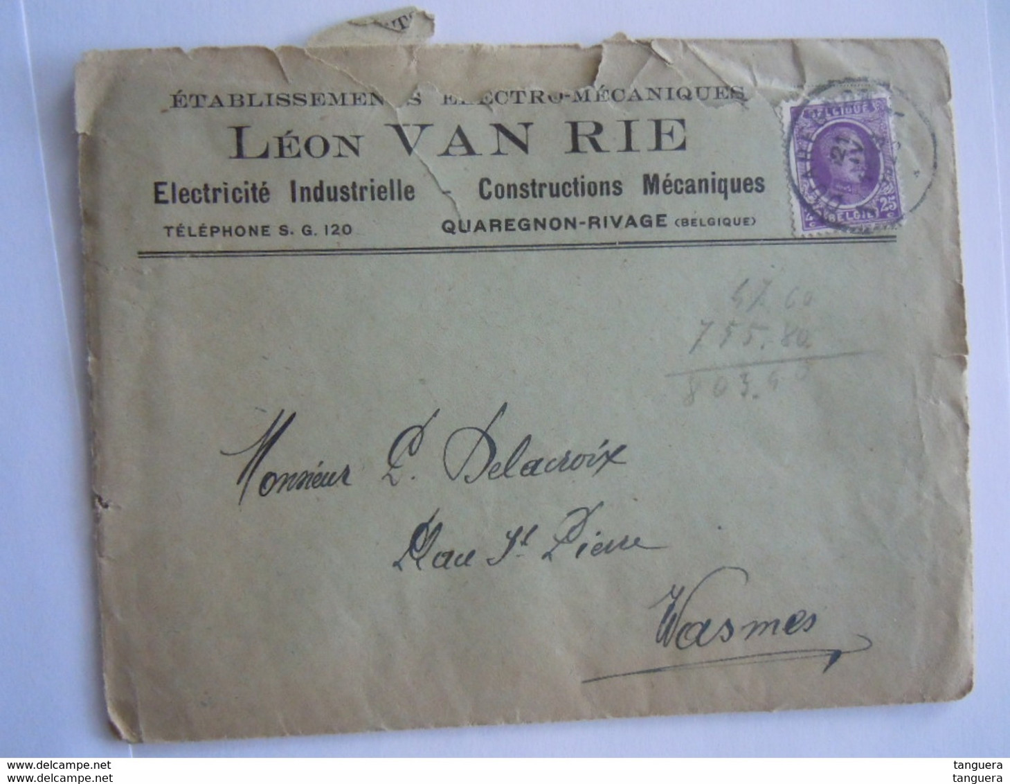 1925 Léon Van Rie Quaregnon-Rivage Ateliers électro-mécaniques Facture Pour Wasmes + Enveloppe - Elektriciteit En Gas