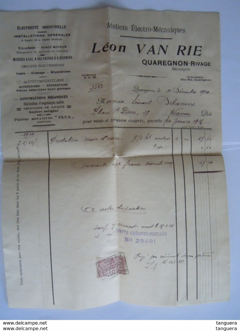1924 Léon Van Rie Quaregnon-Rivage Ateliers électro-mécaniques Facture Pour Wasmes - Elektrizität & Gas