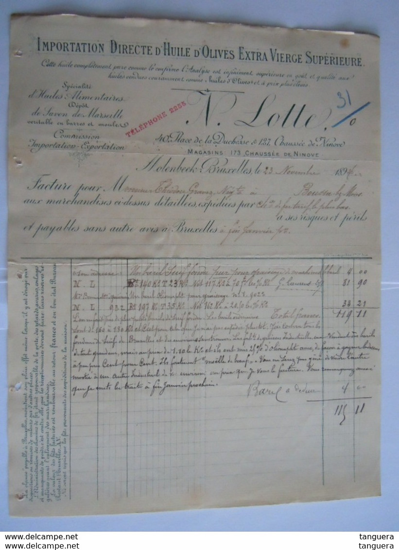 1894 N. Lotte Molenbeek Bruxelles Importation D'huile D'olives Facture Pour Boussu-lez-Mons - Alimentos