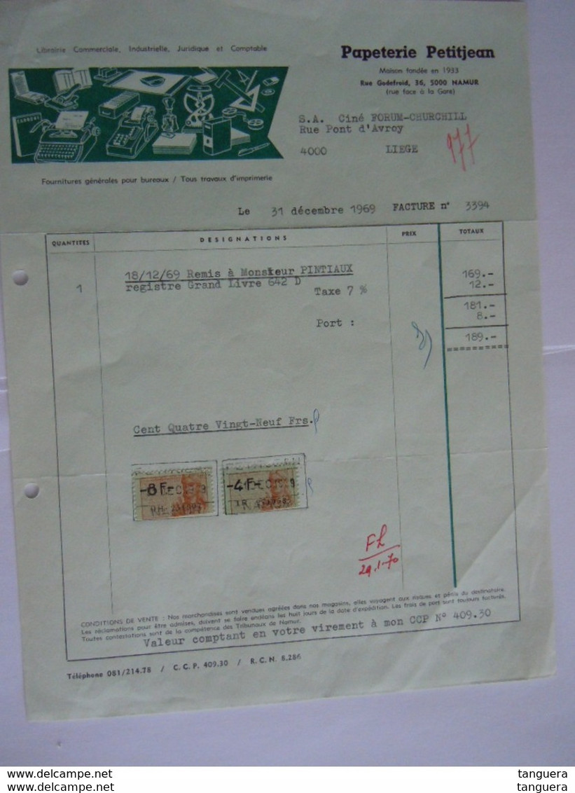 1969 Papeterie Petitjean Namur Facture Grand Livre Cine Forum Churchill Taxe 12 Fr - Drukkerij & Papieren