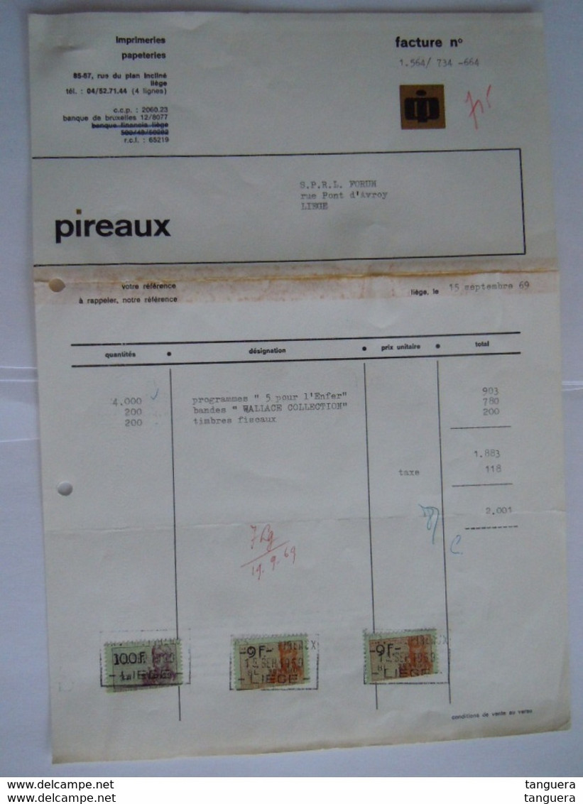 1969 Pireaux Imprimeries Liège Facture Pour Programmes Film 5 Pour L'enfer Cinema Forum Churchill Taxe 118 Fr - Imprimerie & Papeterie