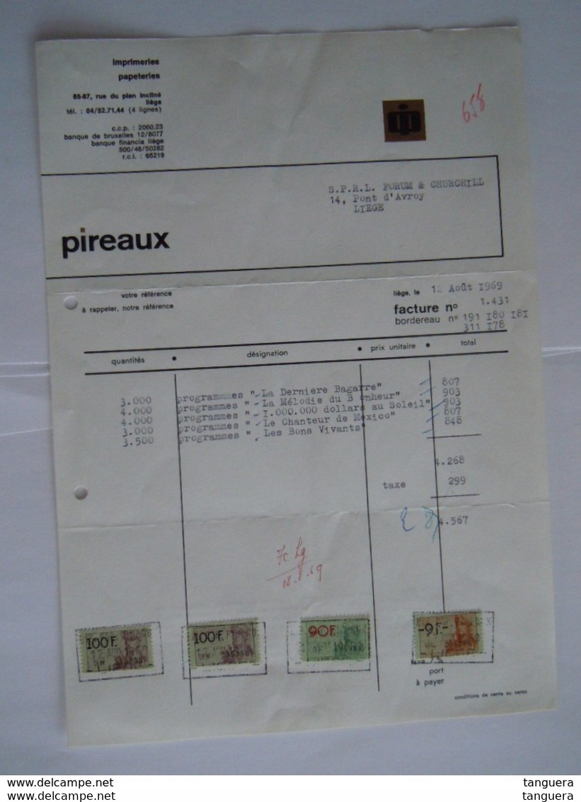 1969 Pireaux Imprimeries Liège Facture Pour Programmes De Film Cinema Forum Churchill Taxe 299 Fr - Drukkerij & Papieren