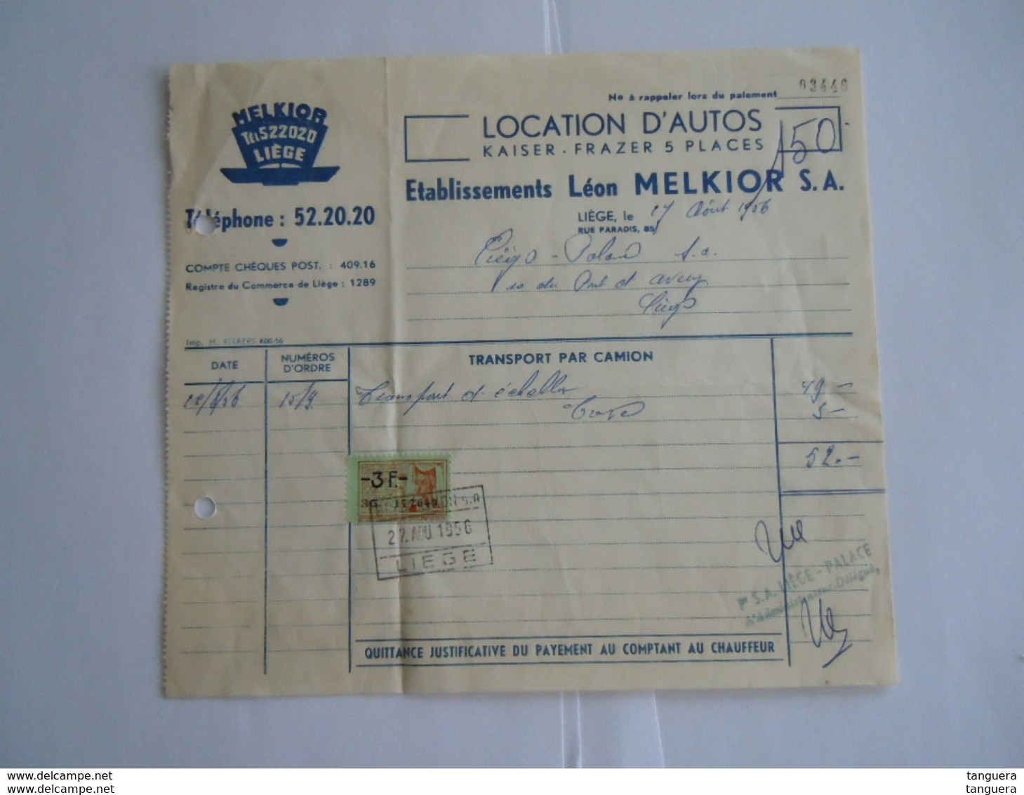 1956 Leon Melkior Liège Location D'autos Liège Palace Taxe 5 Fr - Verkehr & Transport