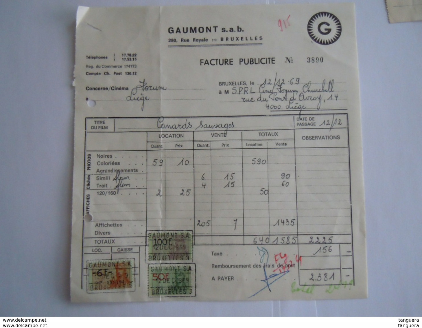 1969 Gaumont Bruxelles Film Canards Sauvages Facture Publicité Cinés Forum Churchill Liège Taxe 156 Fr - Printing & Stationeries