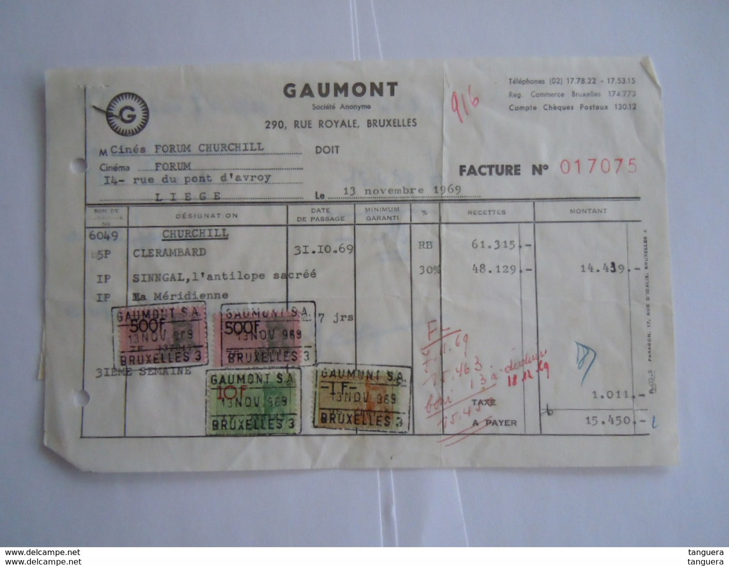 1969 Gaumont Bruxelles Films Facture Cinés Forum Churchill Liège Taxe 1011 Fr - Documents
