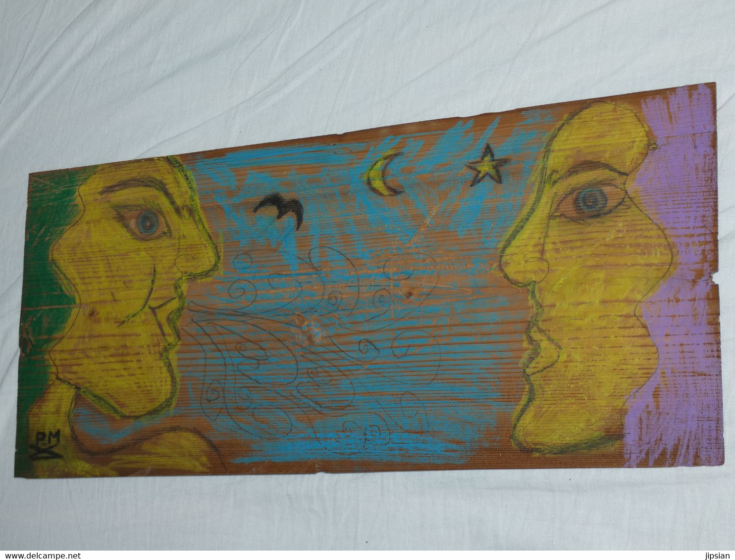 Tableau Sur Bois Pastel Gras " Les Deux Profils " Jeune Peintre Breton Signé PM Art Brut , Naïf - Arte Contemporáneo