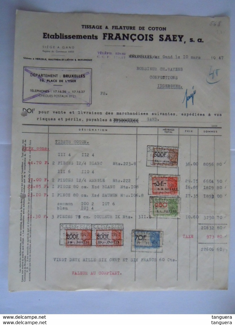 1947 Tissage & Filature De Coton François Saey Gand Usines à Herzele Hauthem Beaumont Gand Facture Iddergem Taxe 973 Fr - Kleidung & Textil