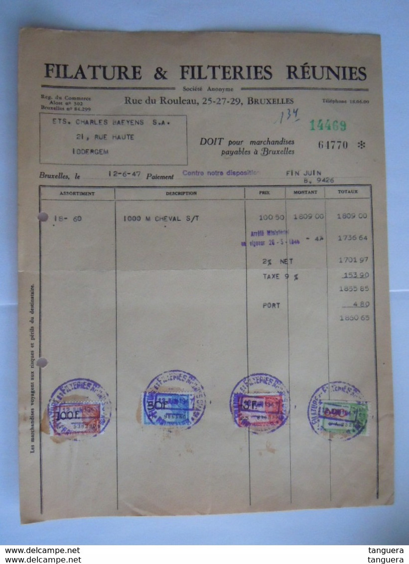 1947 Filature & Filteries Réunies Bruxelles Facture Pour Iddergem Taxe 153,90 Fr - Kleidung & Textil