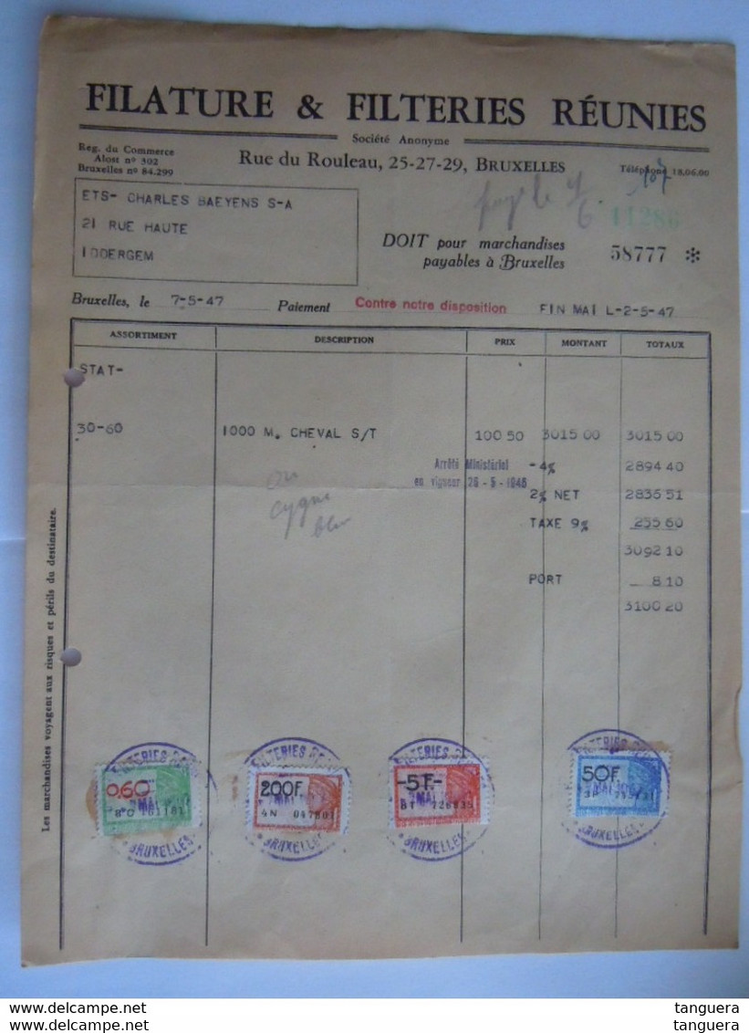 1947 Filature & Filteries Réunies Bruxelles Facture Pour Iddergem Taxe 255,60 Fr - Kleidung & Textil