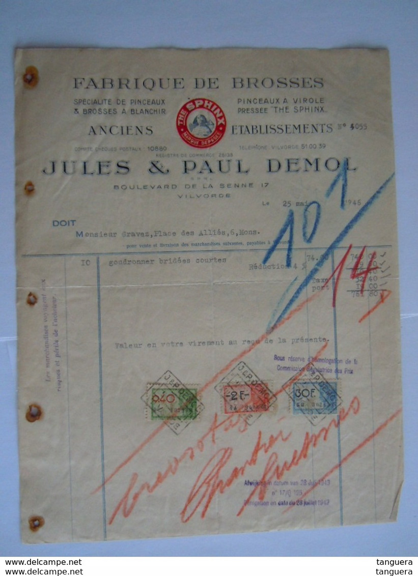 1946 Jules & Paul Demol Fabrique De Brosses The Sphinx Vilvorde Vilvoorde Facture Pour Mons Taxe 32,40 Fr - Droguerie & Parfumerie