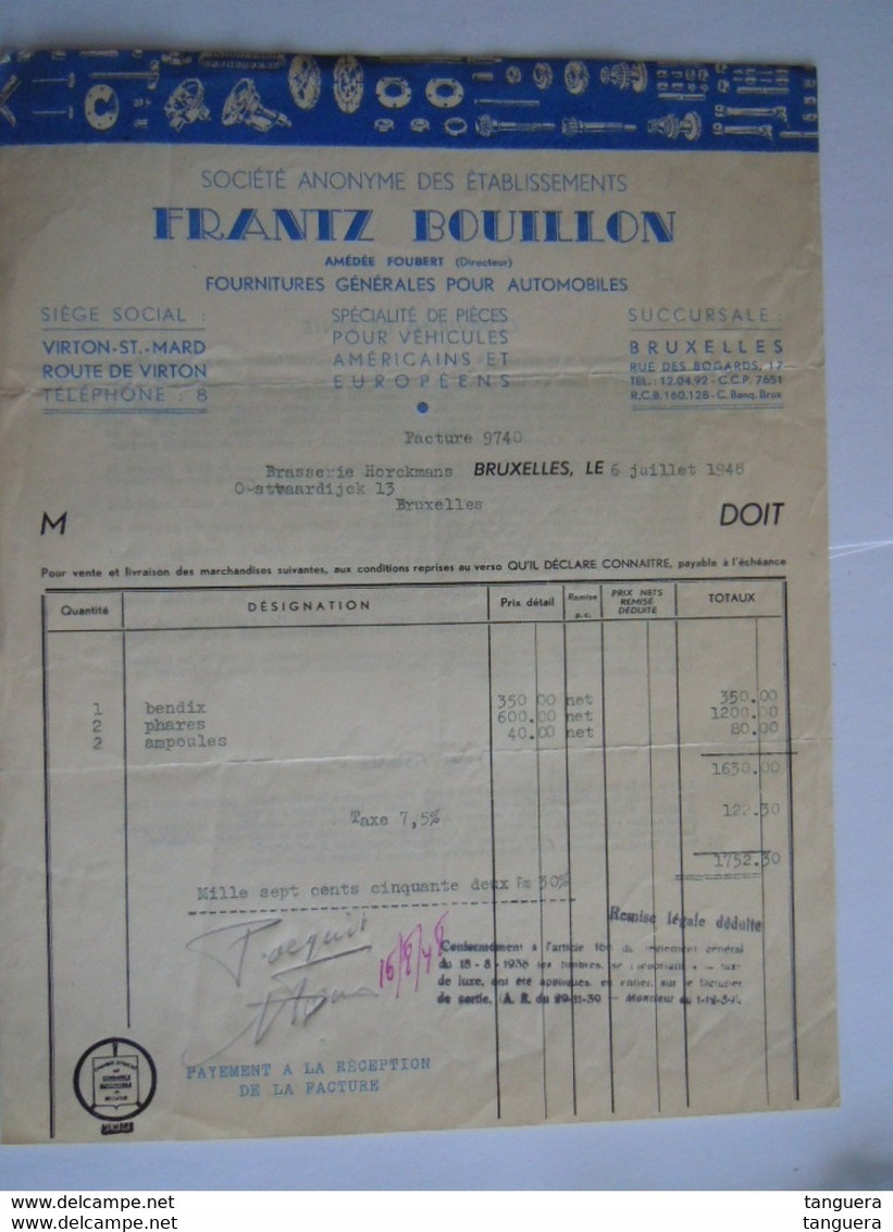 1948 Franz Bouillon Bruxelles Fourniture Générales Pour Automobiles Fact Brasserie Horckmans Humbeek Taxe 122,30 Fr - Cars