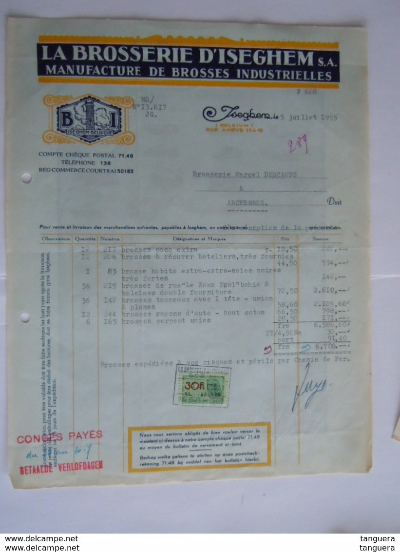 1955 La Brosserie D'Iseghem Manufacture De Brosses Facture Pour Brasserie Descamps à Archennes Taxe 30 Fr - Profumeria & Drogheria