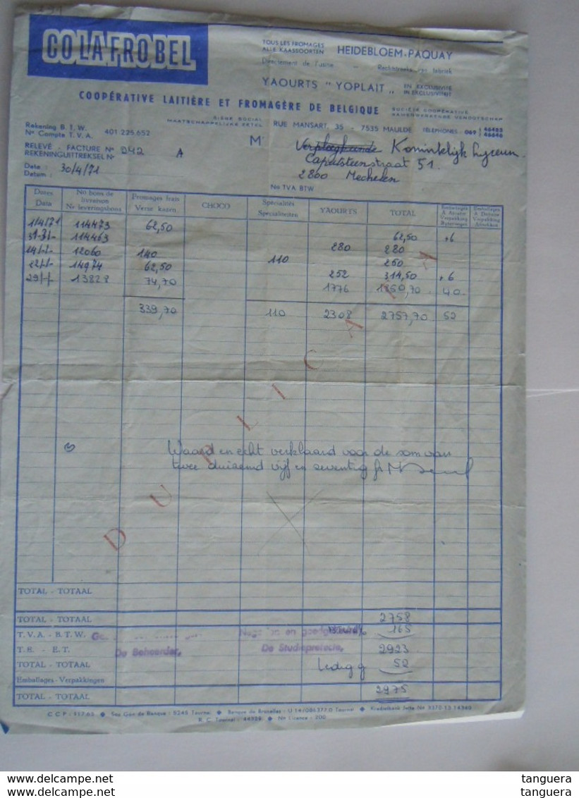 1971 Cola Frobel Coopérative Laitière Et Fromagère De Belgique Maulde Fromages Yaourts Facture Factuur Lyceum Mechelen - Lebensmittel