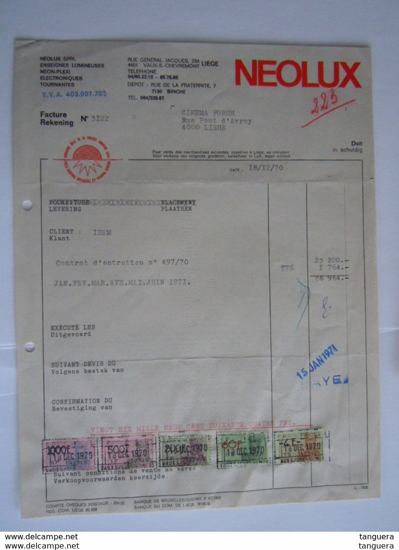 1970 Neolux Liège Enseignes Lumineuses Facture Cinema Forum Taxe 1.764 Fr - Documentos