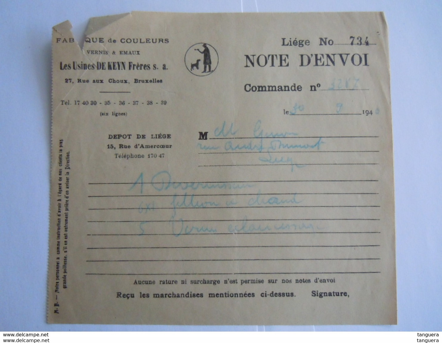 1940 Les Usines De Keyn Frères Bruxelles Fabrique De Couleurs Vernis & émaux Note D'envoi - Chemist's (drugstore) & Perfumery