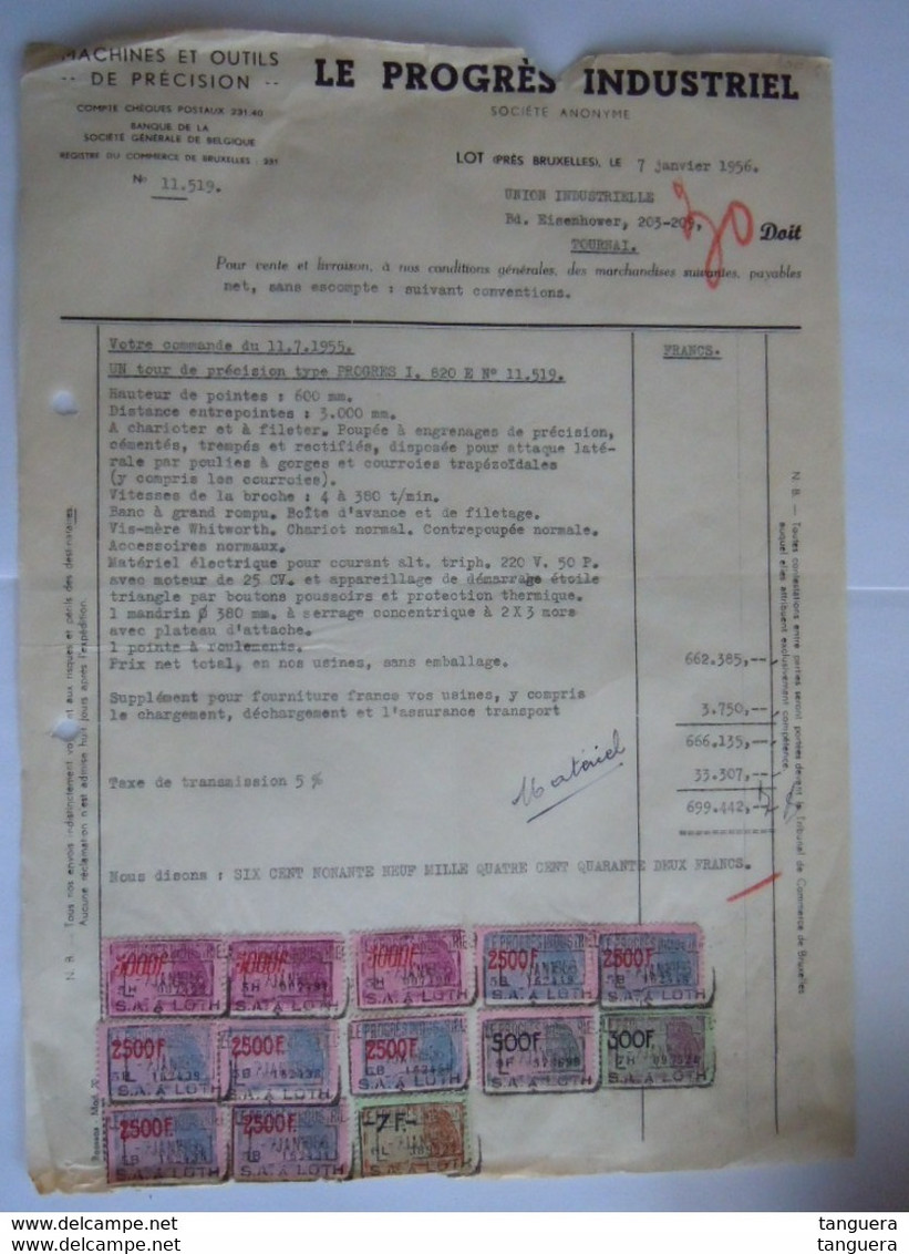 1956 Le Progrès Industriel Lot Machines Et Outils De Précision Facture Pour Tournai Taxe 33.307 Fr - Documentos