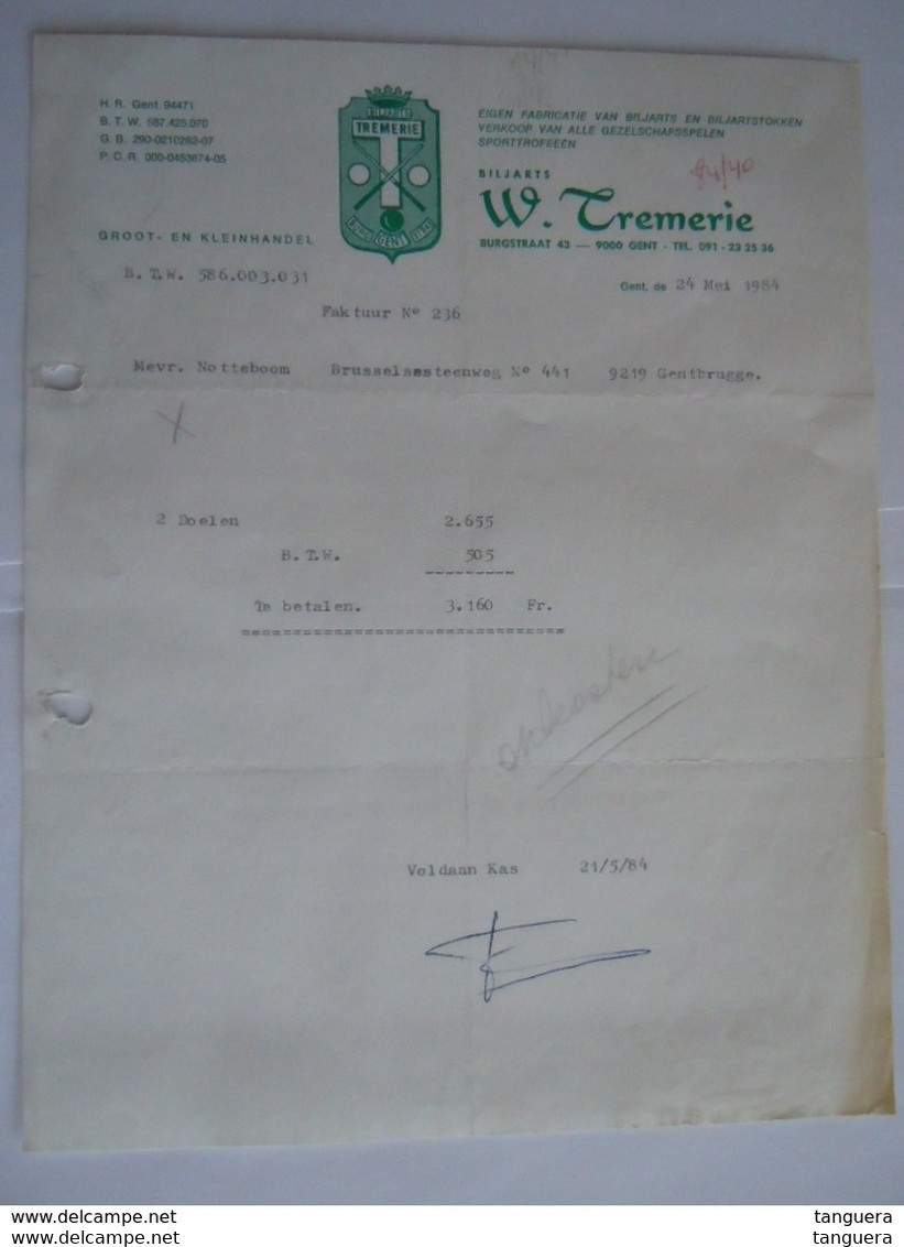 1984 Biljarts W. Tremerie Gent Factuur 2 Doelen - Sports & Tourisme