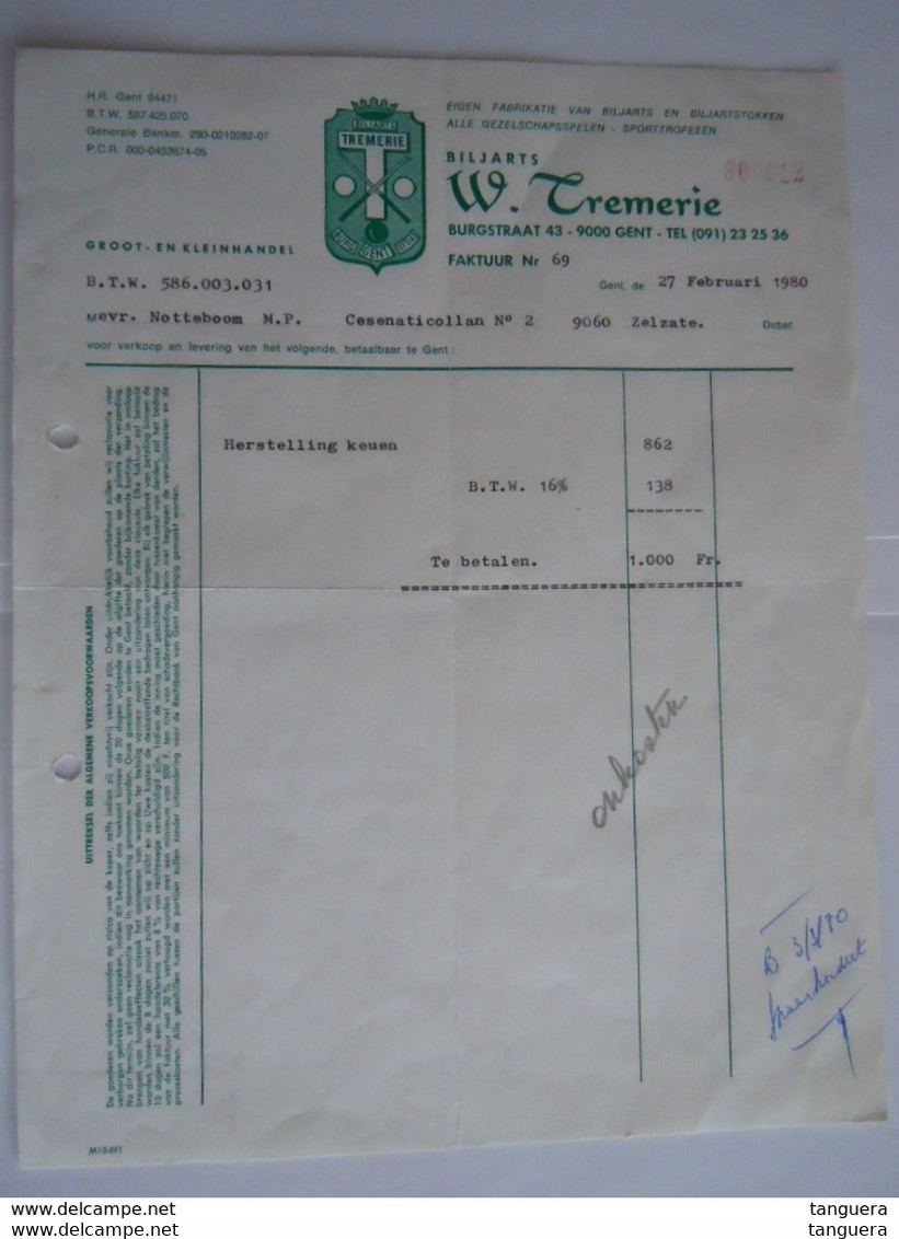 1980 Biljarts W. Tremerie Gent Factuur Herstelling Keuen - Sports & Tourism