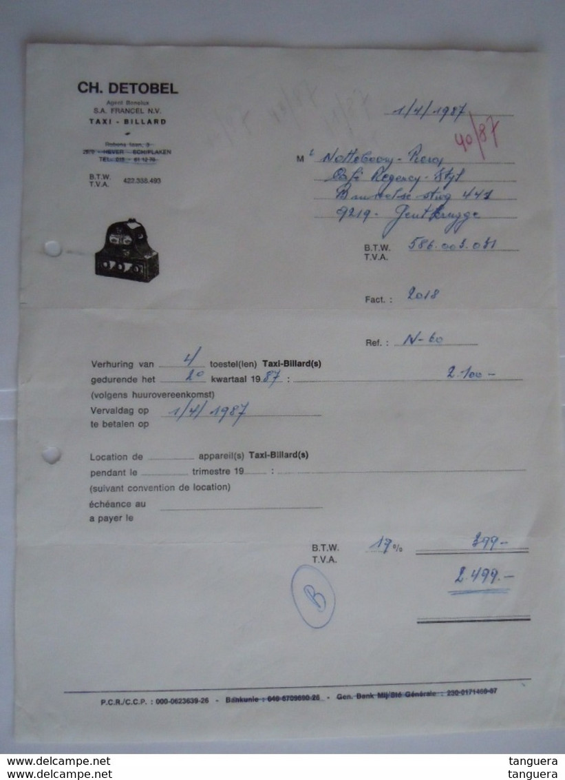 1987 Ch. Detobel Hever Schiplaken Faktuur Verhuring Van Taxi-Billard Toestellen Biljart - Sports & Tourisme