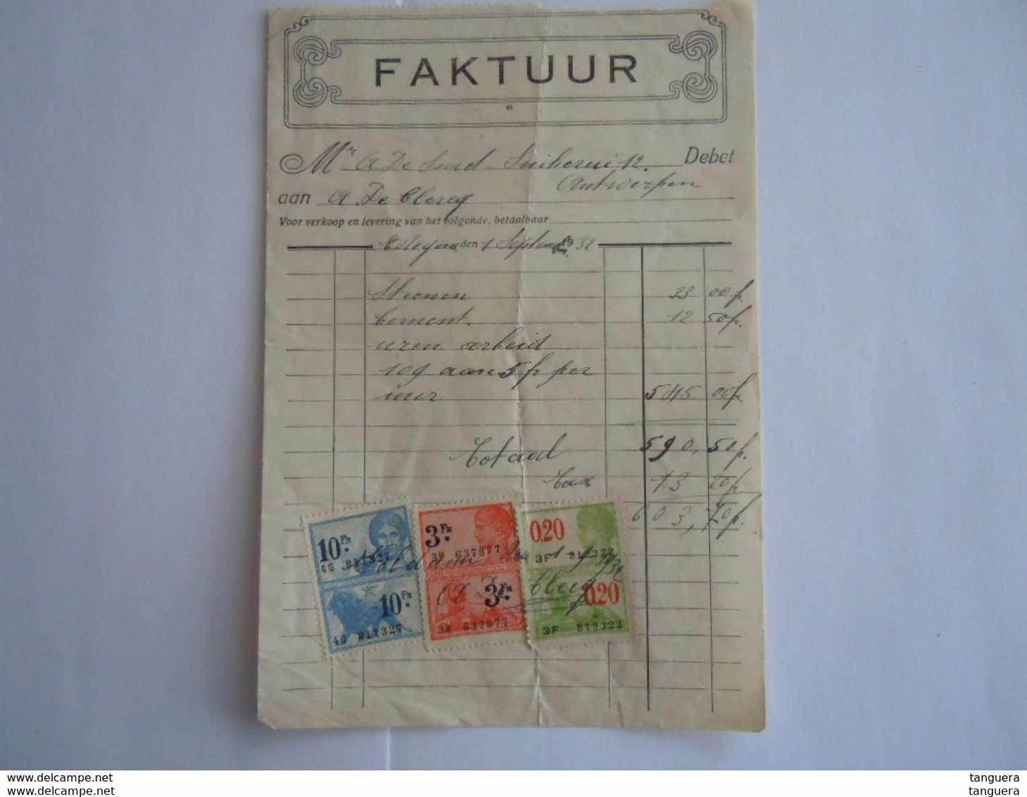 1932 Faktuur De Clercq Edegem Stenen Cement Taxe 13,20 Fr (klein Formaat) - Documentos