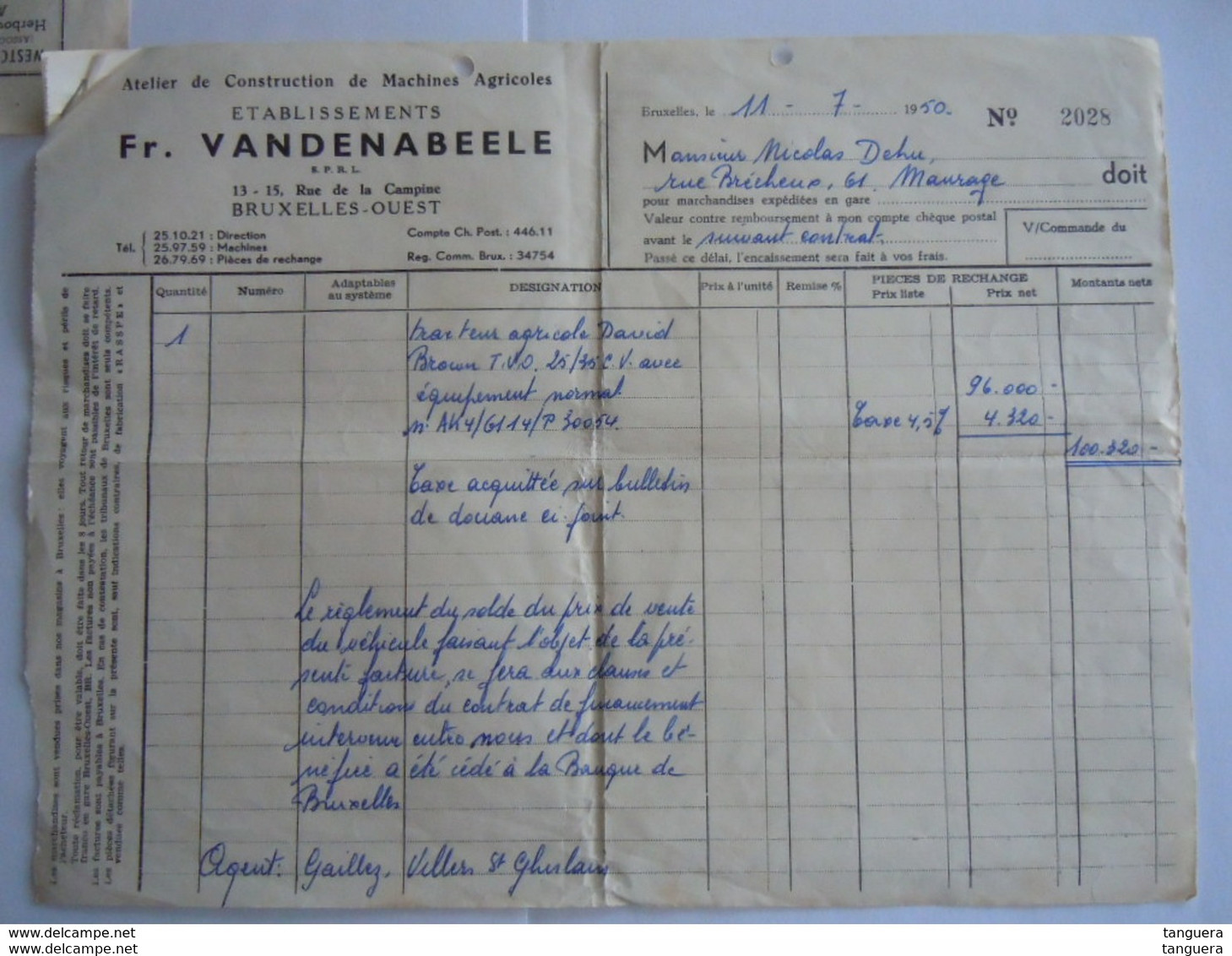 1950 Bulletin Taxes De Transmission Et De Luxe Douane Antwerpen 4320 Fr + Facture Pour Tracteur Agricole David Brown - Documentos