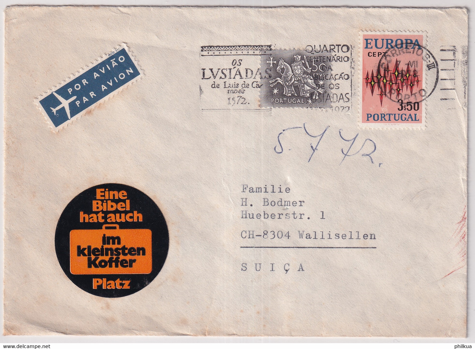 MiNr. 1167 Portugal 1972, 1. Mai. Europa Bedarfsluftpostbrief In Die Schweiz Gelaufen - Mit Bibel Vignette - Brieven En Documenten