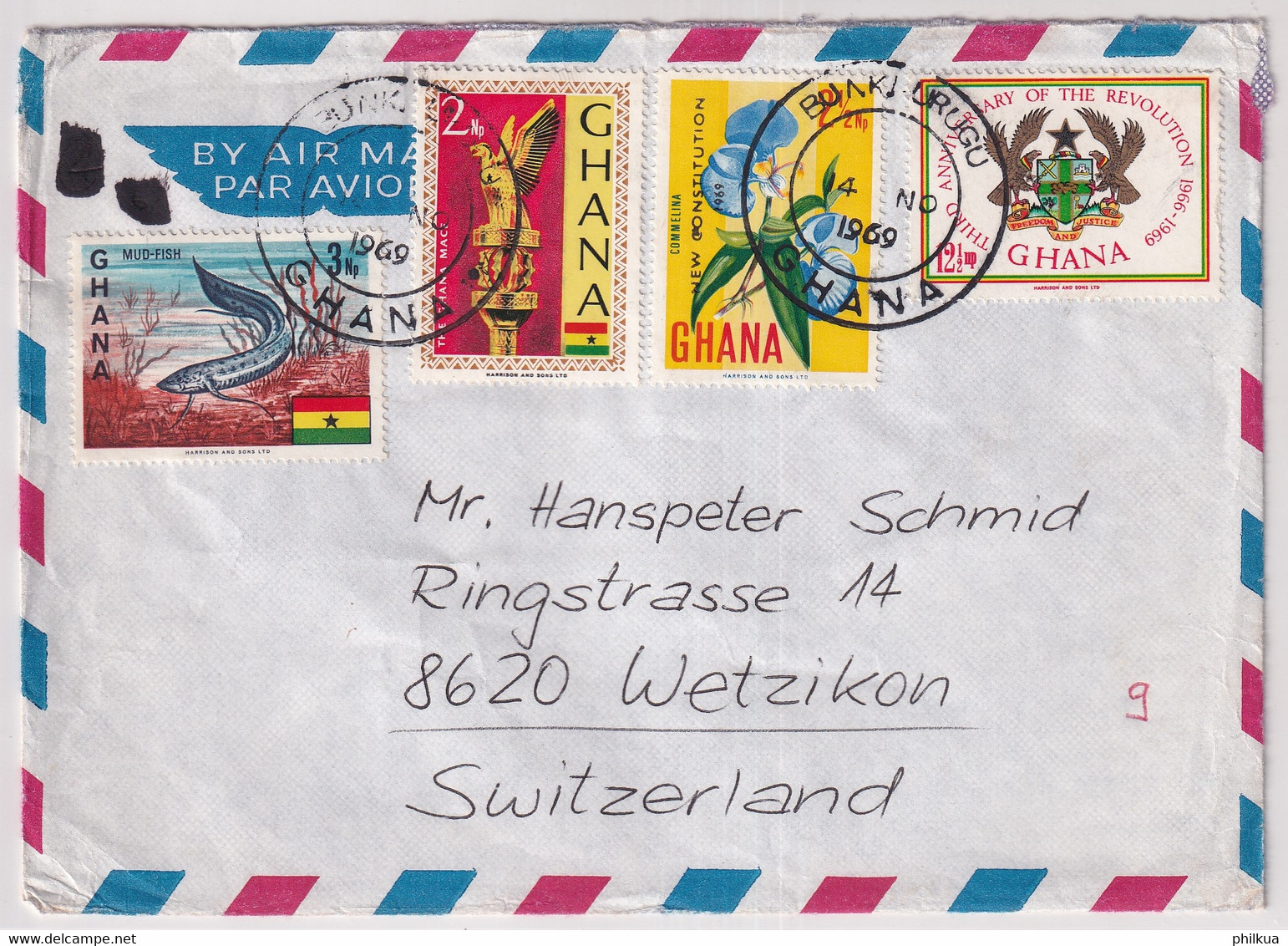 MiNr. 299, 313-314, 364 Ghana 1967, 1. Juni. Freimarken: Nationale Symbole Bedarfsluftpostbrief In Die Schweiz Gelaufen - Ghana (1957-...)