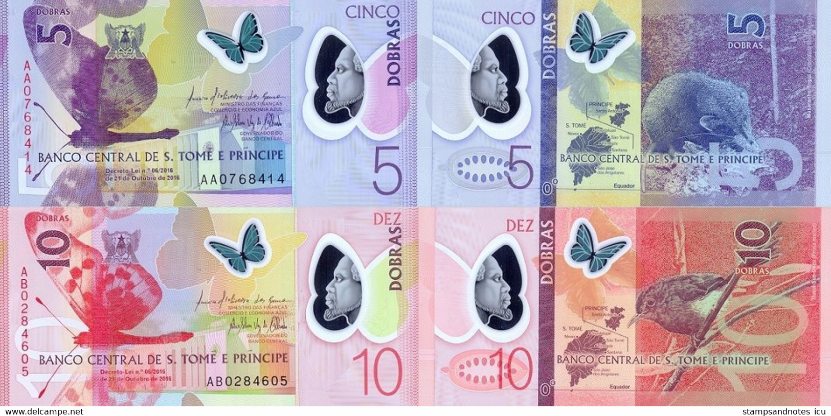 SAINT THOMAS & PRINCE 5 10 Dobras P 70 71 2016 UNC Set 2 Banknotes Polymer, Matching Last Two Serial Digits - São Tomé U. Príncipe