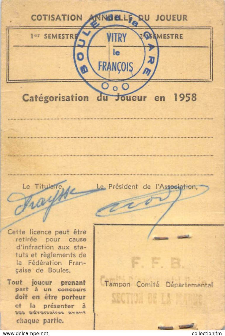 CPA BOULE / PETANQUE / LICENCE FEDERATION NATIONALE DE BOULES 1958 - Regional Games