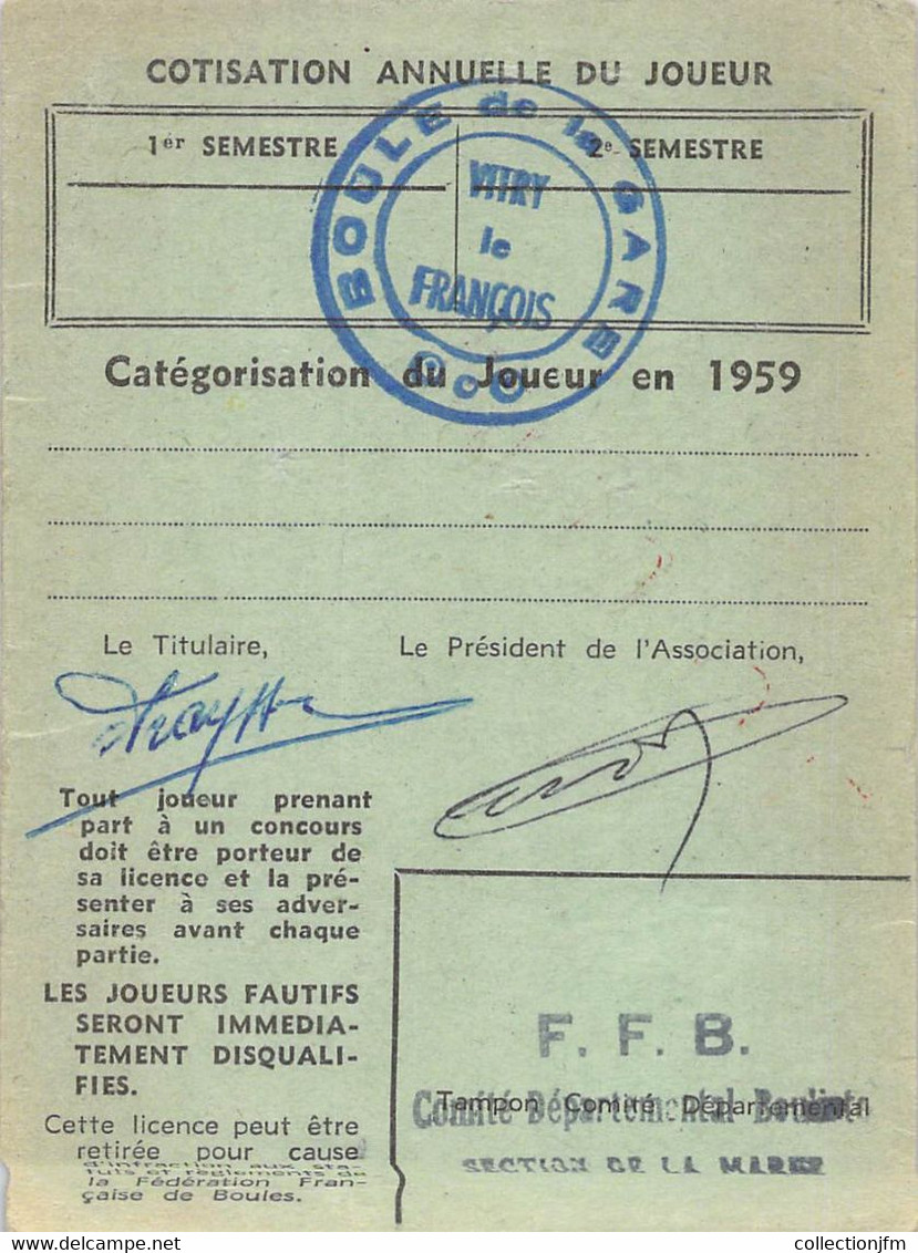 CPA BOULE / PETANQUE / LICENCE FEDERATION NATIONALE DE BOULES 1959 - Regionale Spiele