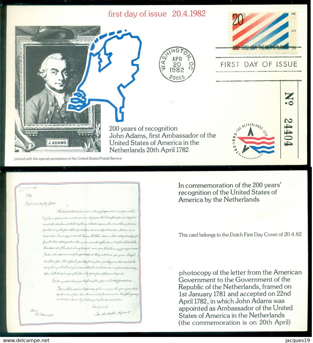 USA 1982 FDC Card 200 Years Of Recognition John Adams First Ambassador In The Netherlands - 1981-1990