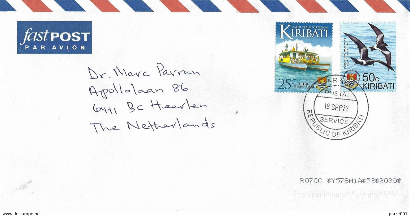 Kiribati 2022 Marake Leach's Storm Petrel Oceanodroma Leucorhoa 50c Ferry 25c Cover - Albatros & Stormvogels