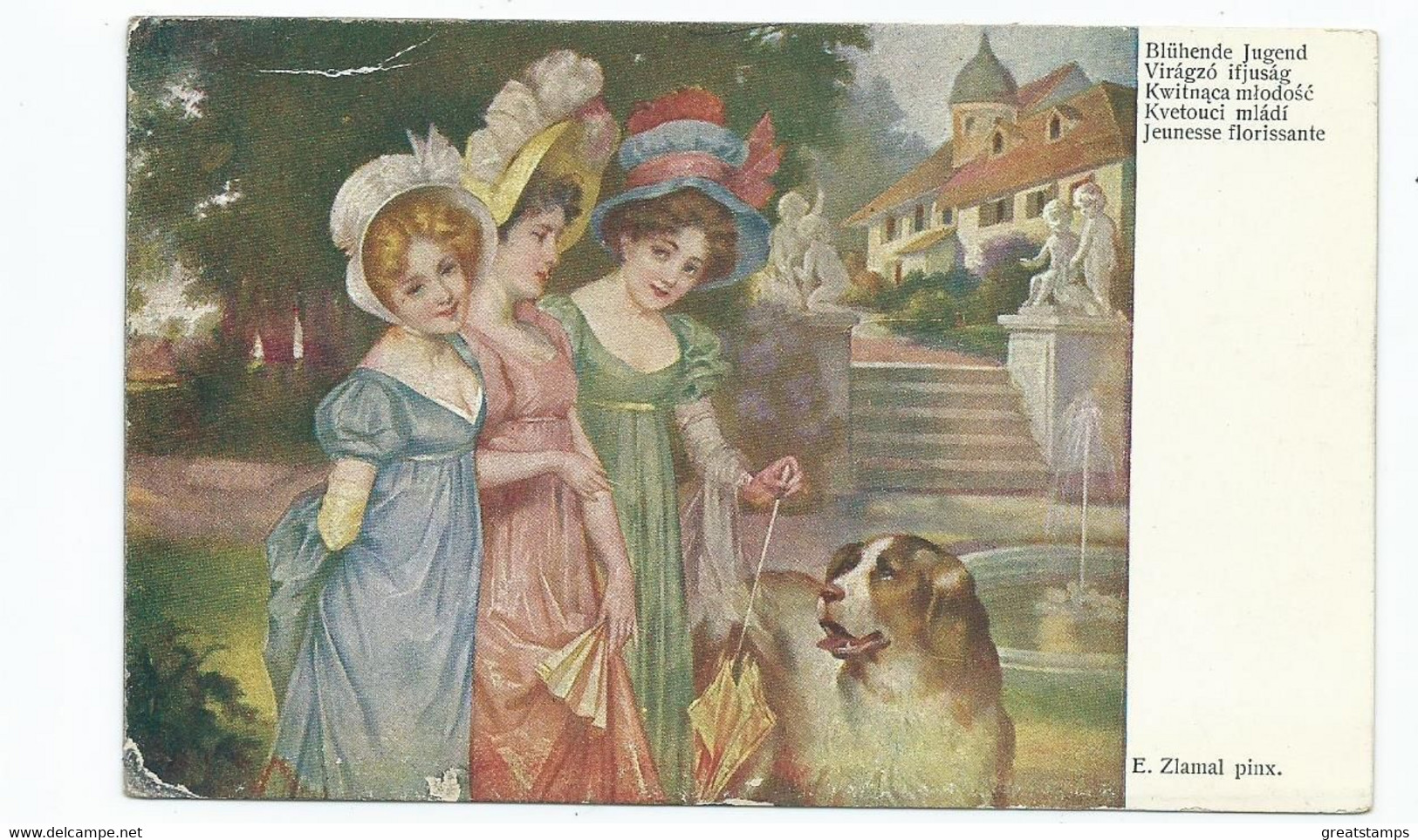 Postcard 3 Young Ladies Dressed In Costume With Dog Unused - Mode