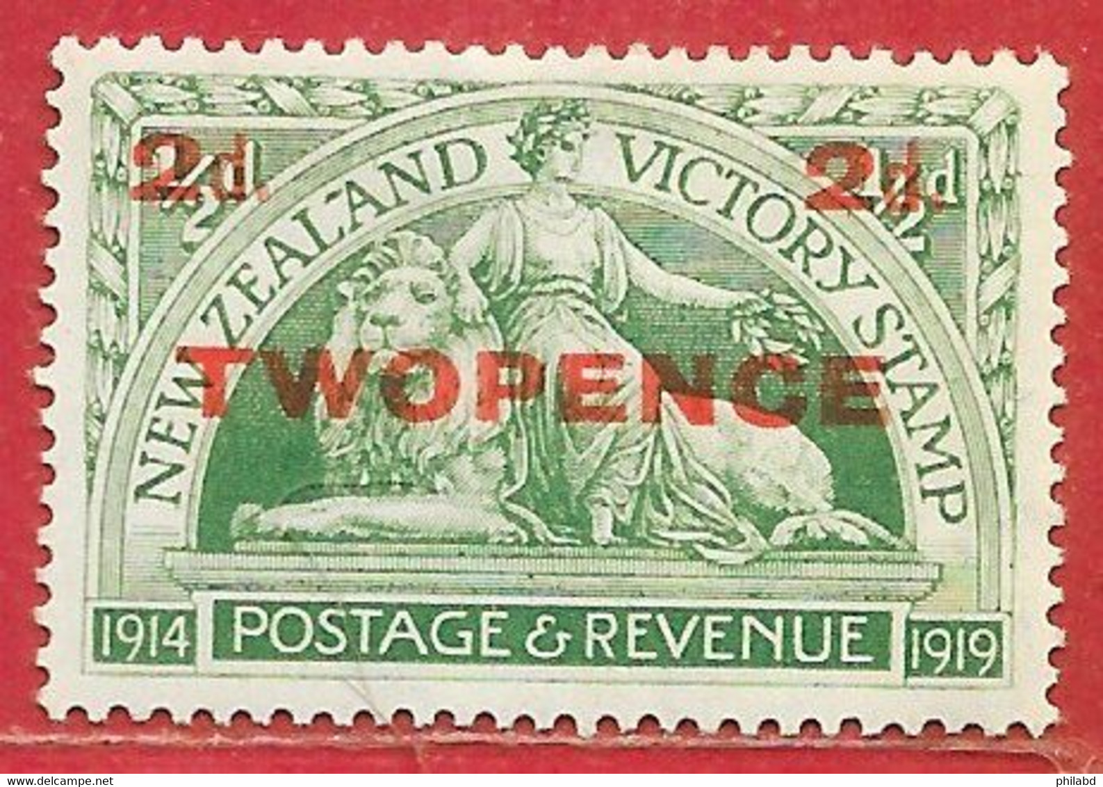 Nouvelle-Zélande N°175 2p Sur 0,5p Vert-jaune (filigrane NZ étoile, Dentelé 14) 1922 * - Neufs